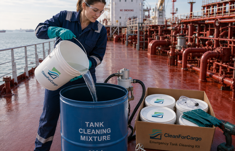 CleanForCargo bucket in front of tanker at port