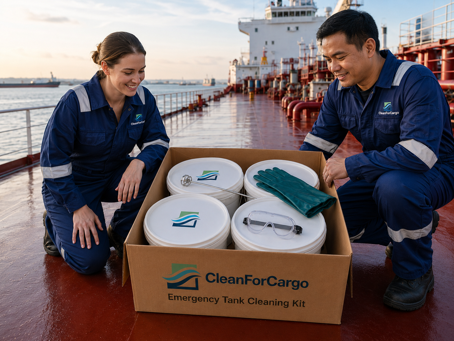 Female and male officers on deck with the CleanForCargo Emergency Kit